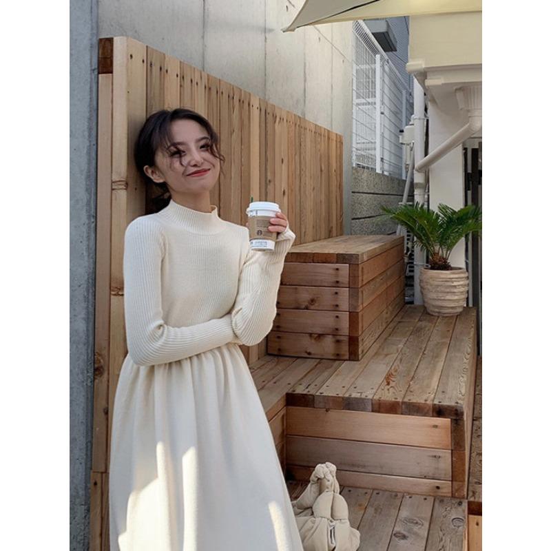 

Winter with coat inside sweater skirt apricot semi-turtleneck bottoming knitted dress women s autumn and winter S