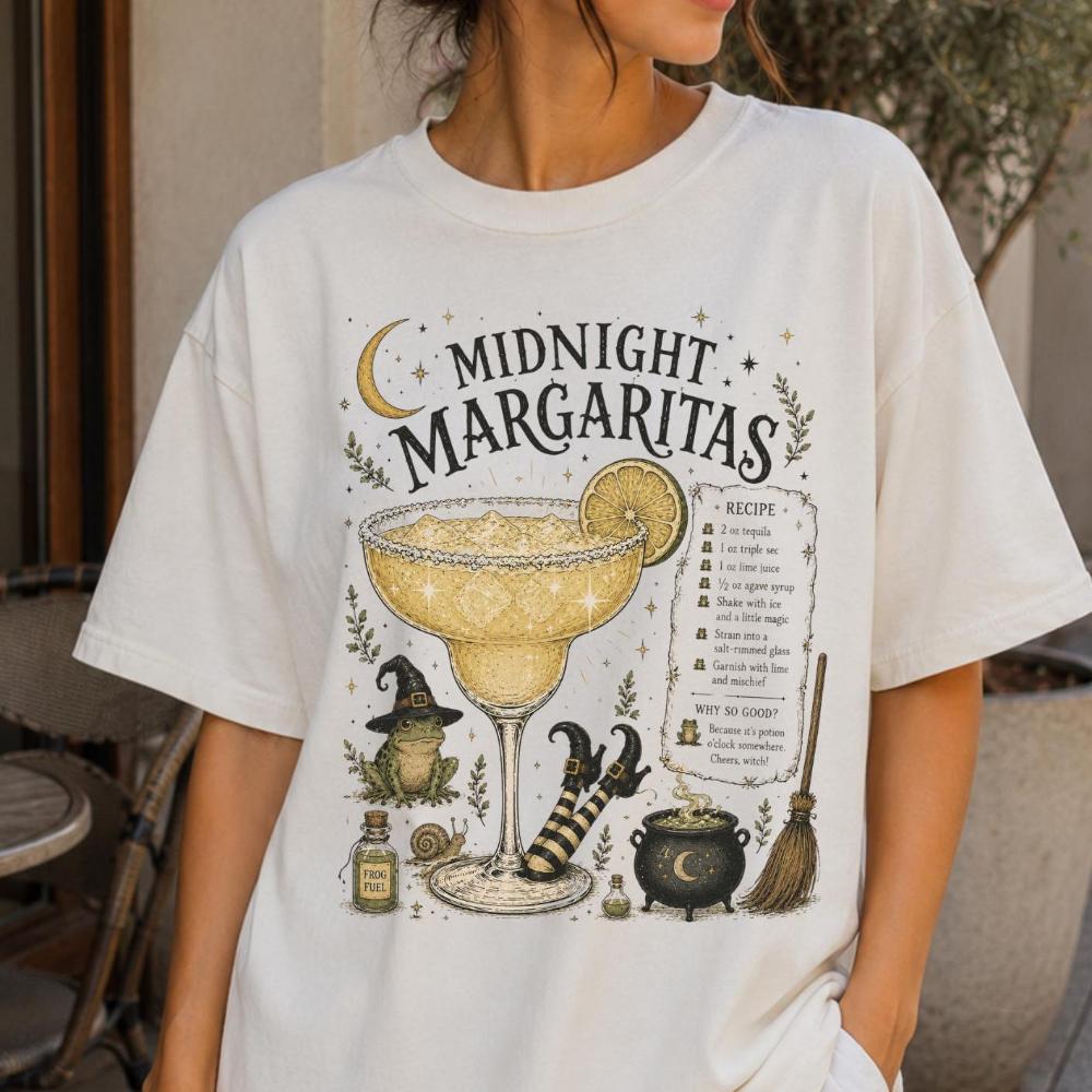 Midnight Margaritas T-shirt, Witcher Margarita T-shirt, Spooky Cocktail T-shirt, Halloween Drink T-shirt, Adorable Witch Graphic T-shirt.