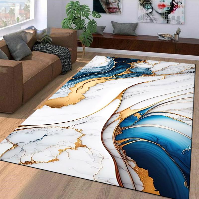 Marble Texture Carpet with Gold and Blue Abstract Art Design Suitable for Use As an Anti-slip for Living Room Bedroom Sofas