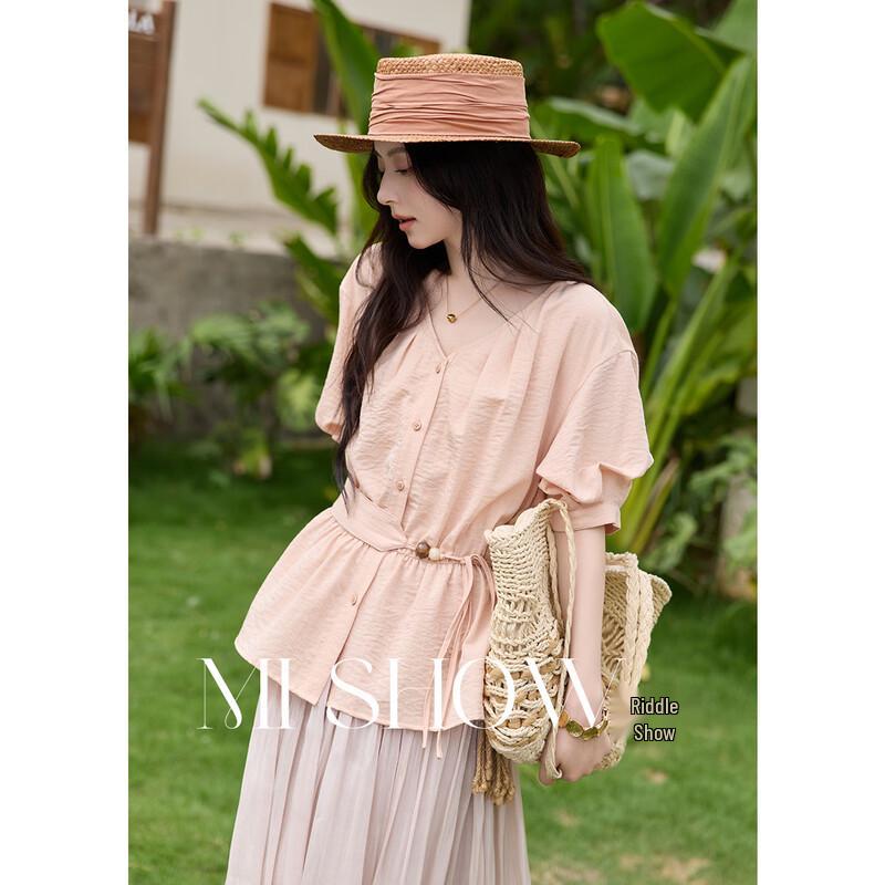 Women s V-Neck Waist-Cinching Short Sleeve Blouse S
