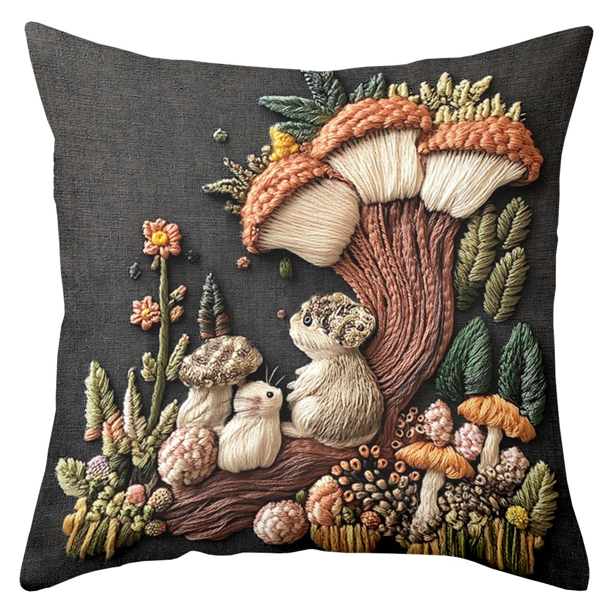 

2D flat printing Embroidered Mushroom Hamster Design Cushion Pillow Polyester pillowcase sofa decorative cushion cover 16x16Inch