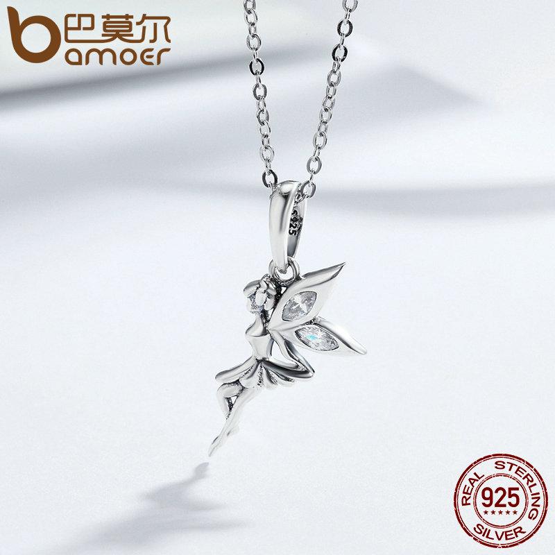 Bamoer Authentic 100% 925 Silver Flower Fairy Pendant Long Chain Necklace for Women Birthday Gift Fine Jewelry SCC359