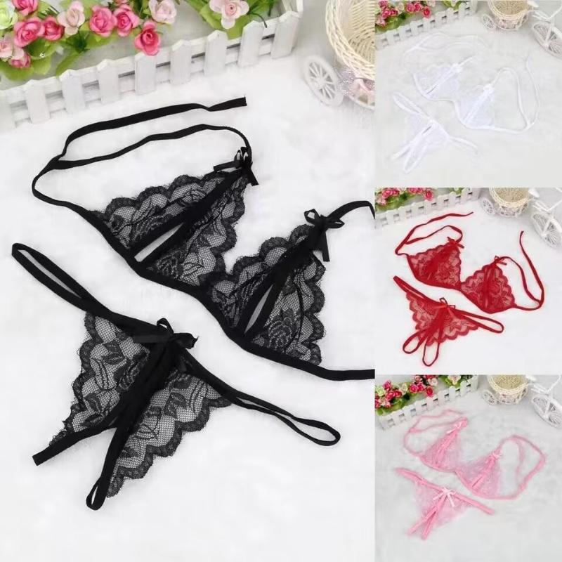Lady Lace Pajama Sets Sexy Lingerie Sleepwear Tie Band Out Top And Hollow Out Thin Strap G-String Ultra Thin Home Clothes
