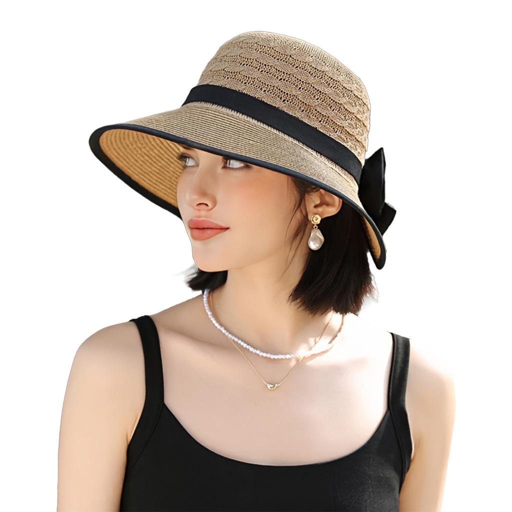 Sommer Strand Stroh Sonnenhut Atmungsaktiv Französischer Stil Schleife Strohhüte Eleganter Hut für Outdoor Reisen Fotografie