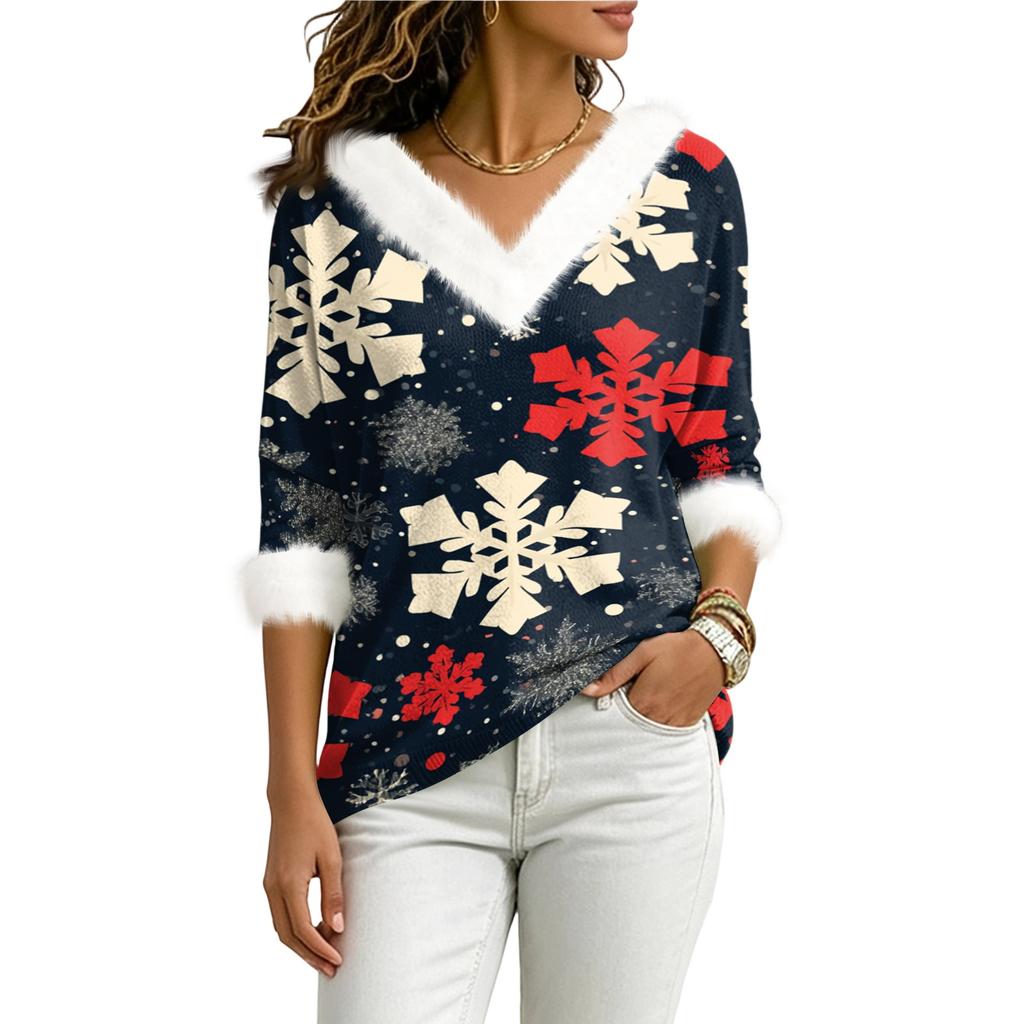 Christmas V-Neck Top with Elegant Cut for Party, Date and Everyday Wear
