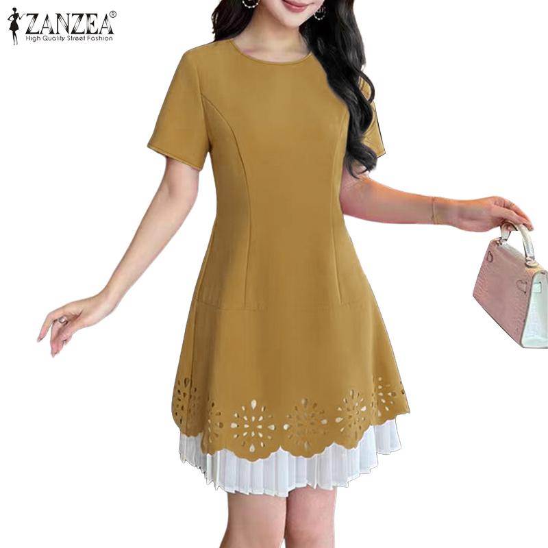 ZANZEA Women Summer Round Neck Casual Short Sleeve Patchwork Dress