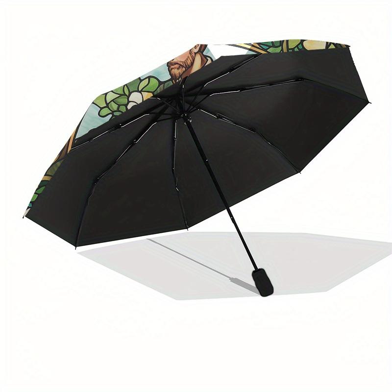 Stained Window Panel: Green Floral DesignUmbrella, Portable 3-Fold Compact Umbrella for Men & Women Gift