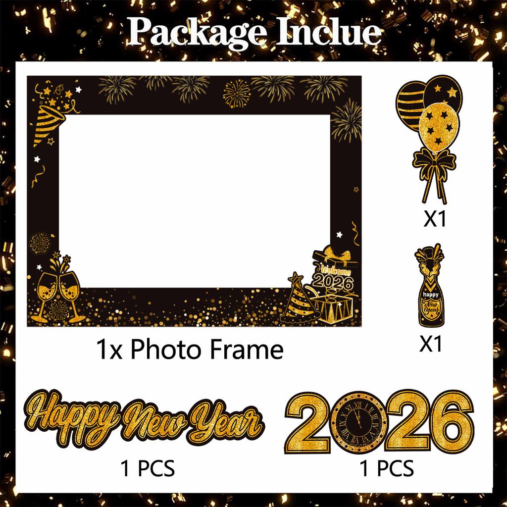 Photo Booth Props Black Gold Selfie Frame 2026 New Year Decorations Fun Party Photo Props Set For New Year Parties Family Photos