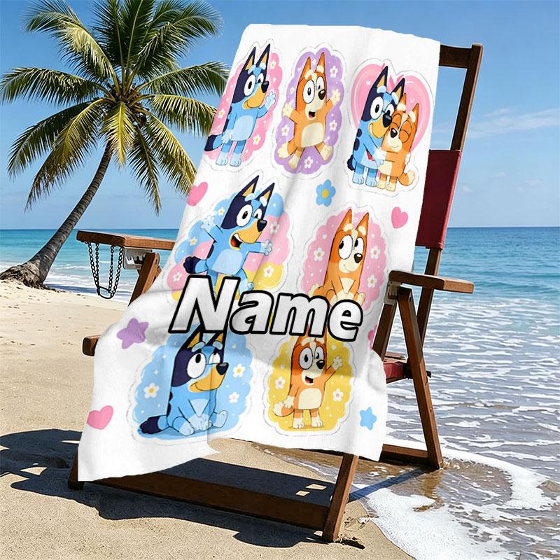 Custom Name Personalized Bluey Print Beach Towel, for Trip Camping Beach Party Home Decor, Birthday Gift for Family & Friends