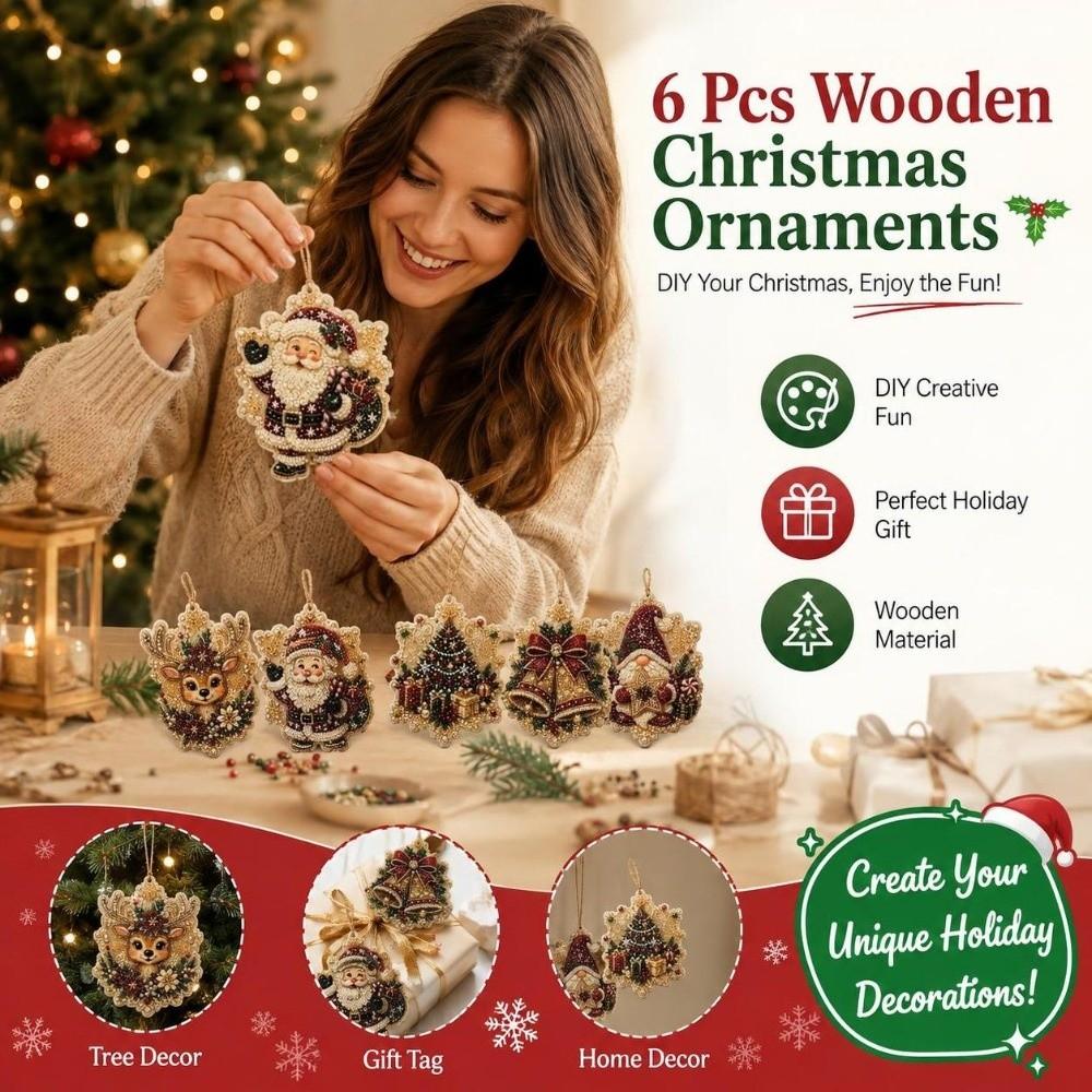 6PCS Natural Wood DIY Craft Ornament Set Christmas Theme Christmas Ornaments Tag