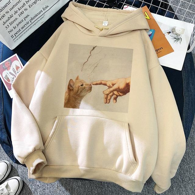 New Black Long Sleeve Hoodie Tops Woman Cat Shark Hooded Sweatshirts Funny Animal Cartoon Printing Graphic Pullover Streetwear