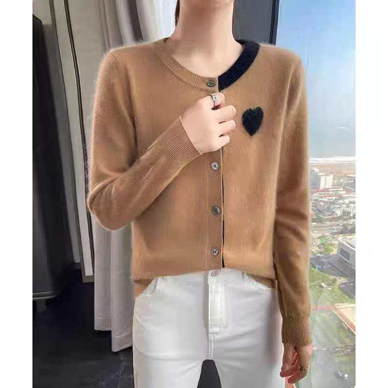 2026 Autumn Winter Women's Korean Heart Embroidered Round Neck Cardigan - Simple Knit, Long Sleeve Sweater