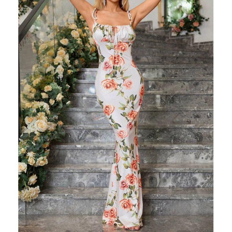 

Foreign Trade Order Tall Slim Sling Lace-up Design Hanging Neck Wrap-around Gyaru Pure Desire Exquisite Print Banquet Dress Orange Rose S