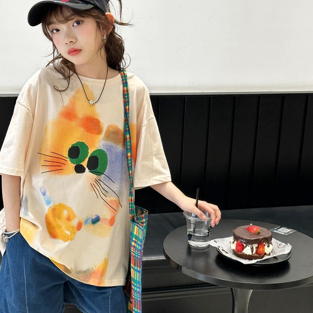 

Girls Short Sleeve T-shirt Summer 2,025 New Big Children s Summer Style Westernized Cartoon Top Children s Korean Fashionable S 110