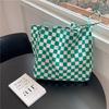 181 Checkerboard Green Grid Canvas Bag College Style Commuter Shoulder Bag Retro Tote Bag