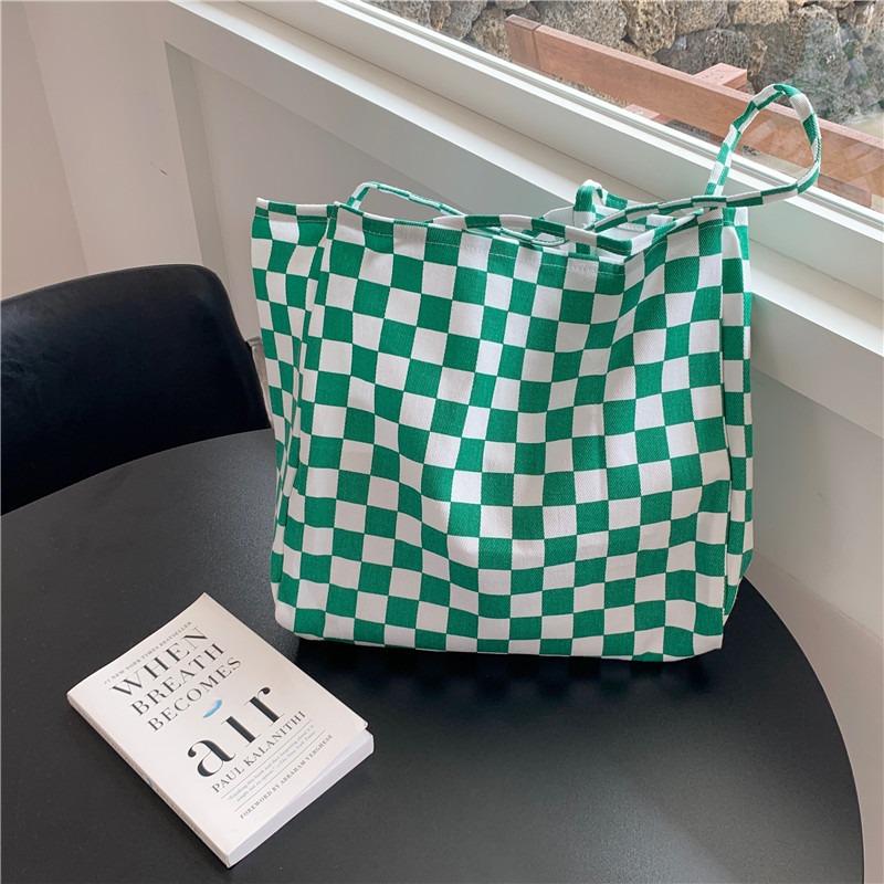 181 Checkerboard Green Grid Canvas Bag College Style Commuter Shoulder Bag Retro Tote Bag