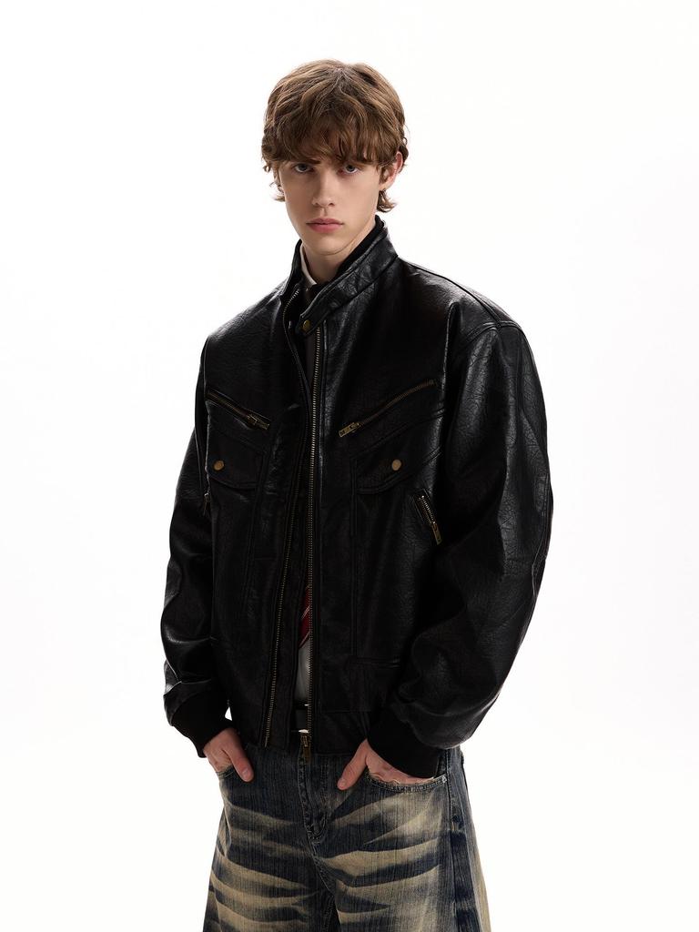 Men's Retro Litchi Pattern PU Leather Winter Motorcycle Jacket