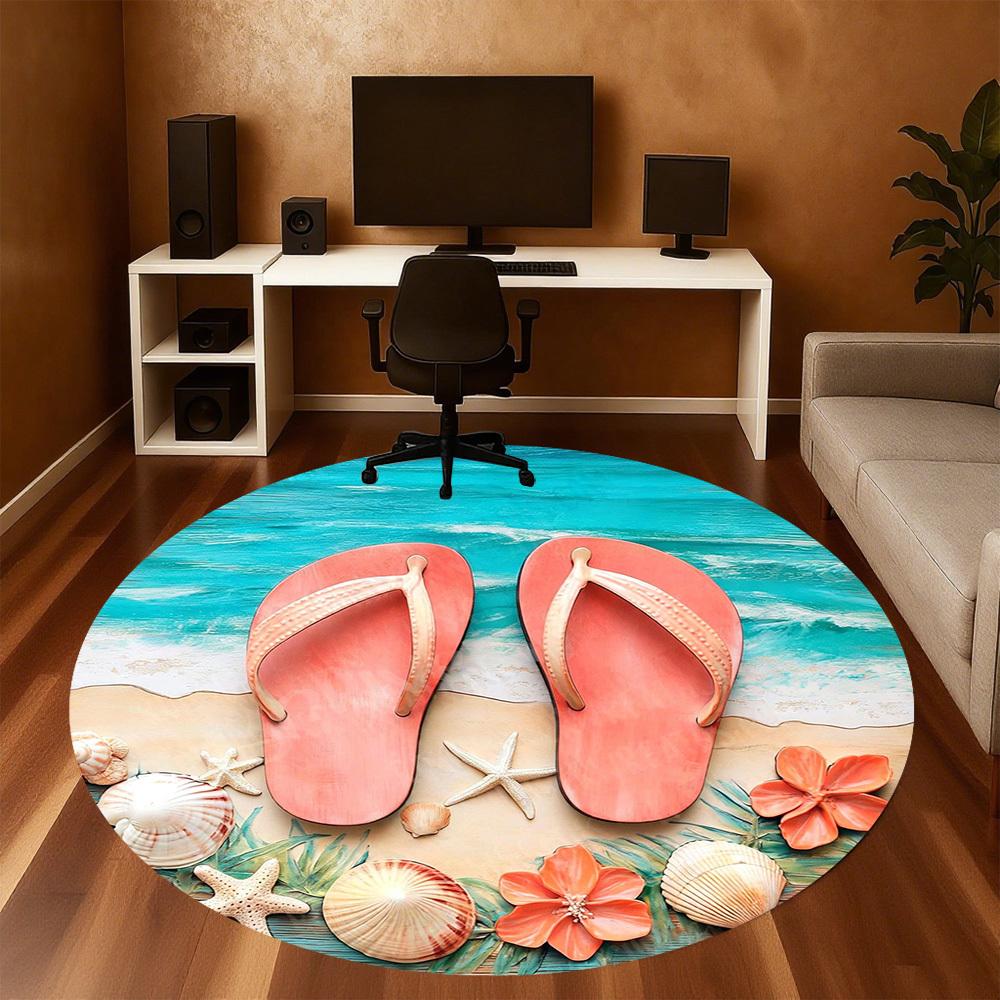 1PC Beach Sandal Starfish Shell Office Round Area Rug, Under Office Chairs Bedroom Living Room Home Decor,Carpet for Office, -1110230