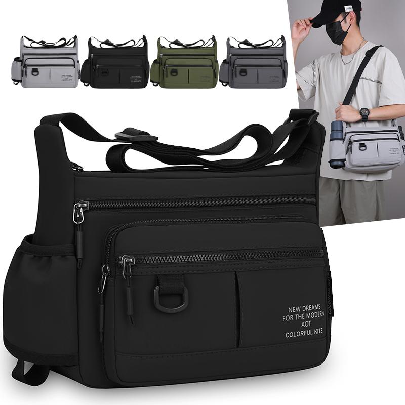 Multi-Zipper Pocket Men Shoulder Crossbody Bag with Bottler Holder Large Space Casual Messenger Bag for Outdoor Daily Use