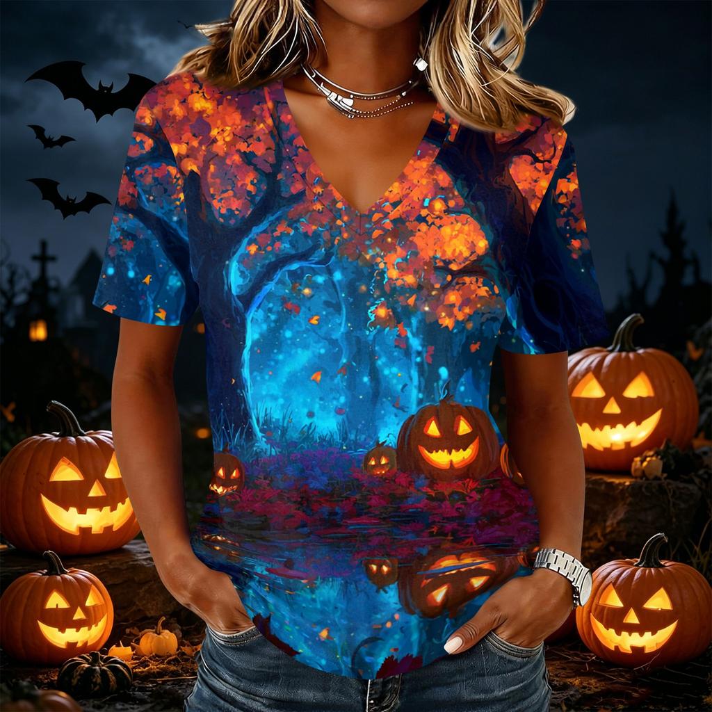 Women's Casual V Neck Pullover Top Halloween Themed Graphic Print Short Sleeve T Shirt Lightweight Comfortable Fit