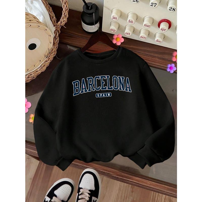 Kids Crewneck Sweatshirt, BARCELONA Text Print, Casual Tops for Fall & Winter 110 чёрный