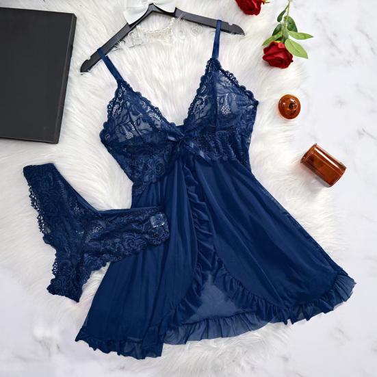 Sexy průhledná síťovaná body šaty s otevřeným předním dílem a kalhotkami Krajková košilka Bez rukávů Průhledná Mini noční košile