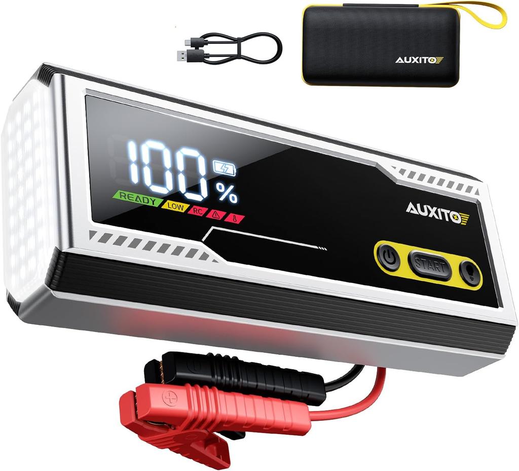 6000A Jump Starter, 12V Portable Car Battery Booster with LED Display, 3-in-1 Flashlight, Jumper Cables & Case