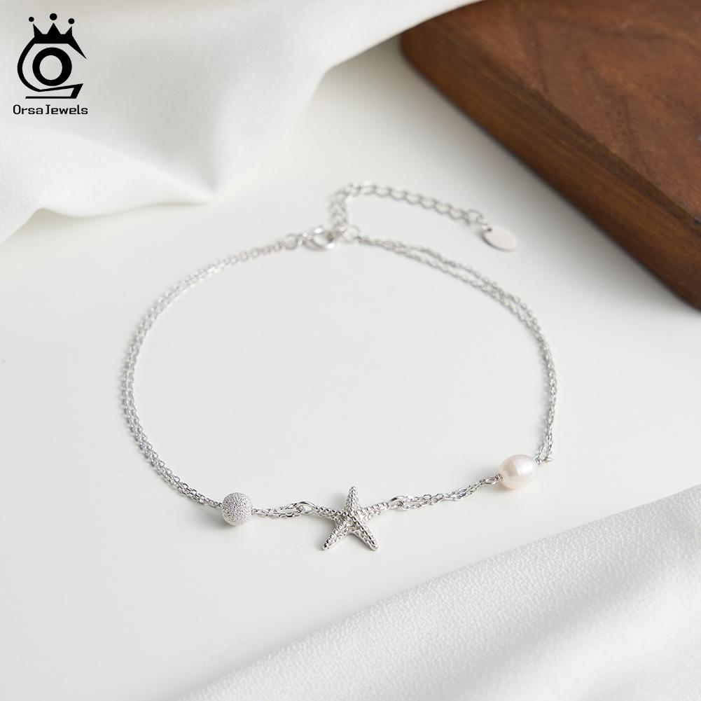 ORSA JEWELS Elegant Double Layered S925 Silver Chain Anklet with Starfish Summer for Women Foot Chain Fashion Jewelry SA101