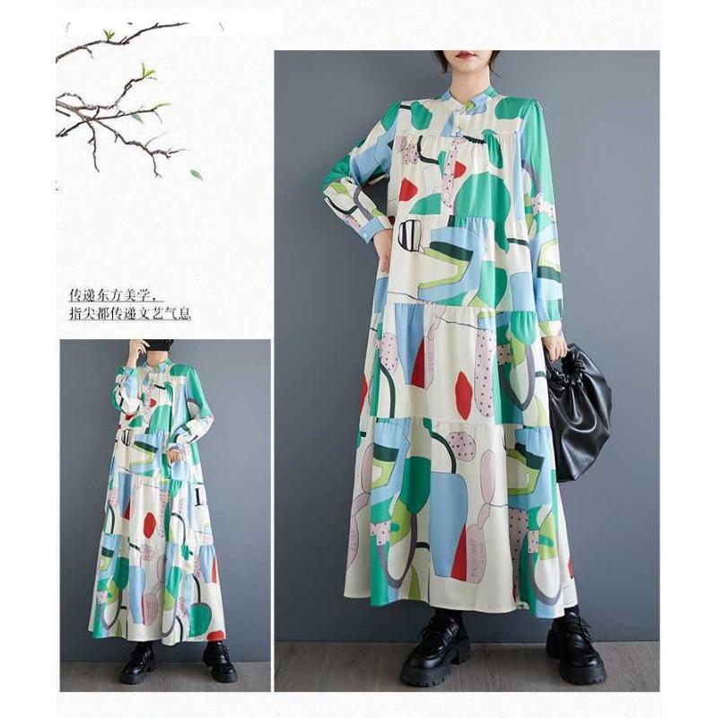 Loose and Thin Fashion Long-sleeved Printed Mid-length Dresses