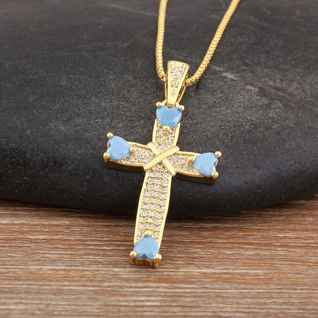 Nidin New Trendy Heart Shape Rhinestone Jesus Cross Pendant Necklace For Women Men 5 Colors Choice Clavicle Chain Jewelry Gifts