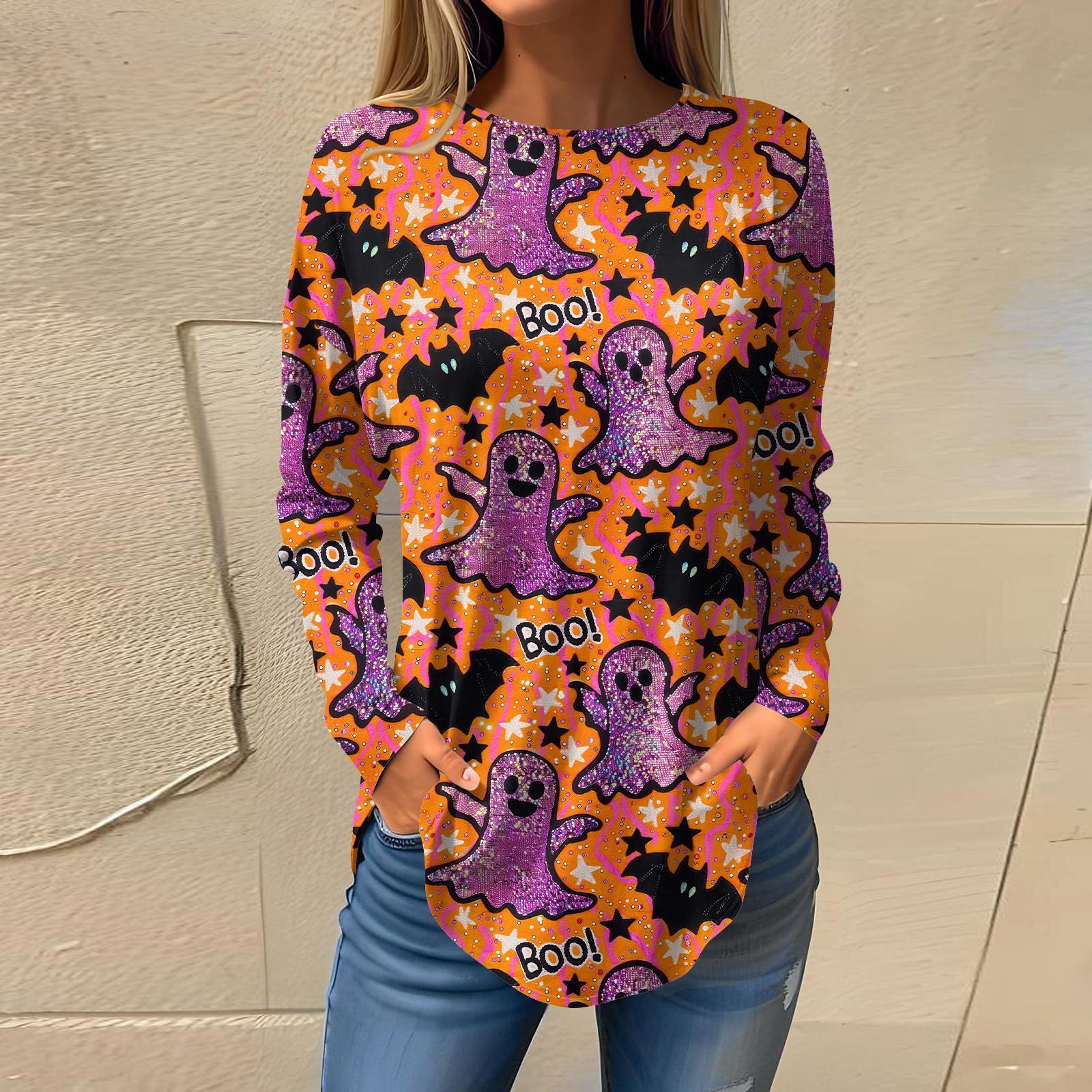 

Женская свободная футболка с круглым вырезом и принтом на Хэллоуин с длинными рукавами, топ, пуловер, свитшот с длинными рукавами S фиолетовый