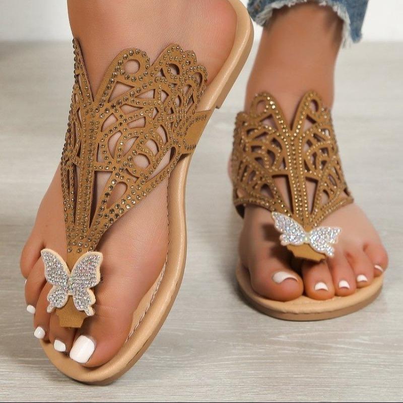 Fashion flat toe sandals large size outer wear rhinestone hollow cool slippers herringbone slippers