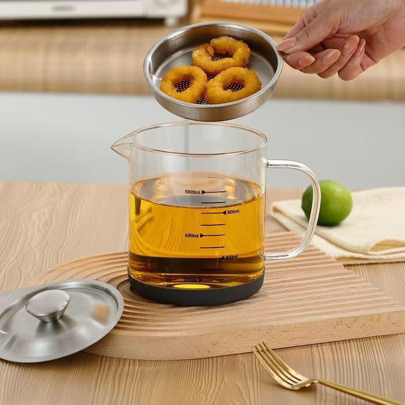 1L/1.5L Stainless Steel Glass Oil Strainer Pot Container Jug Storage Can With Filter Cooking Oil Pot For Kitchen Household Tools