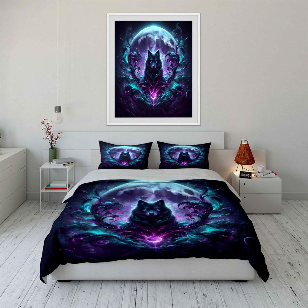 Mystical Wolf and Moon Design Bedding Duvet Cover Set  (1*Duvet Cover 2*Pillowcases, Without Duvet Insert)
