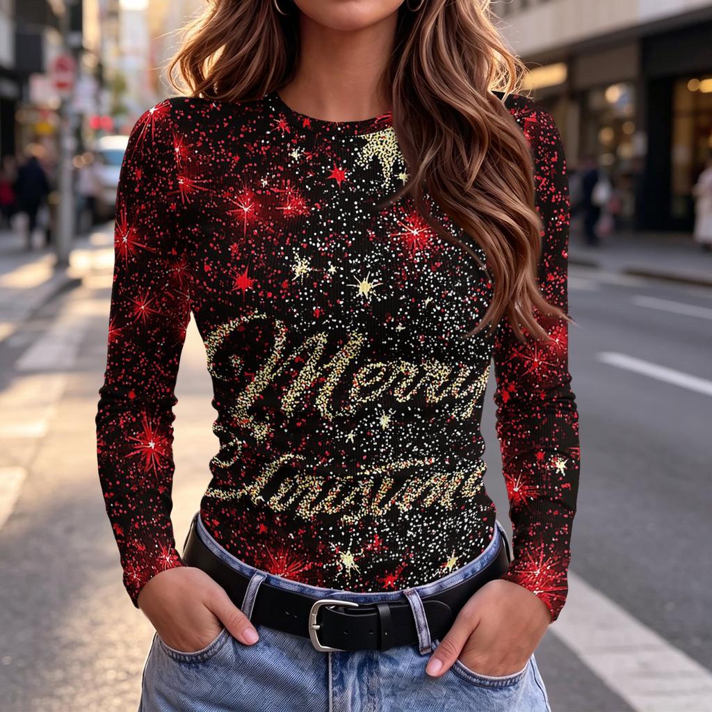 Women's Casual Slim Fit Long Sleeve Crewneck T-Shirt with Christmas Print for Holiday Party