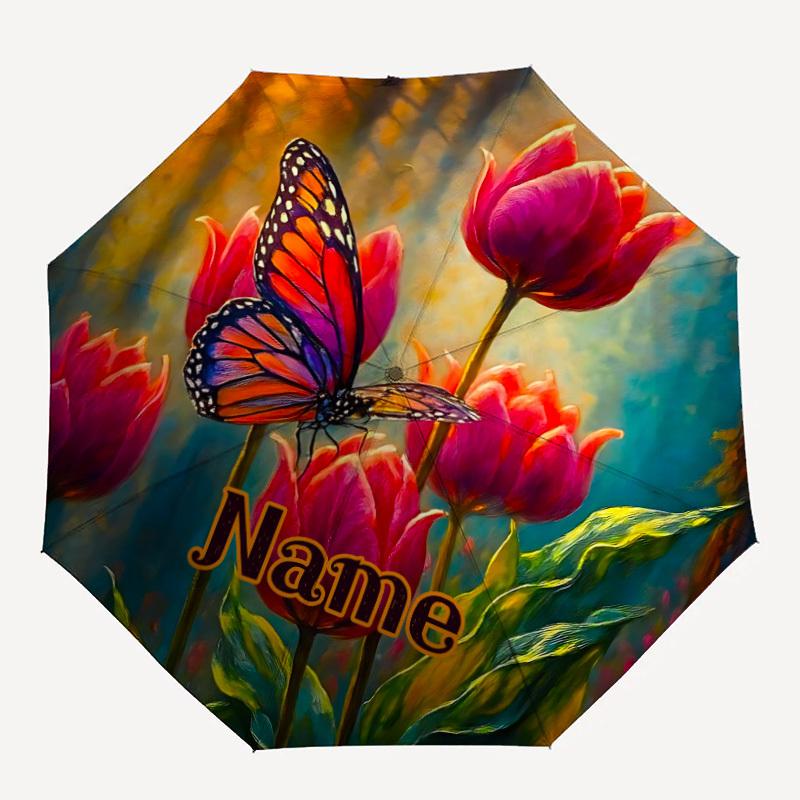 

1pc Butterfly Tulips Custom Name Automatic Folding Umbrella, Durable Plastic & Iron, Lightweight for Outdoor Daily Use S1230051