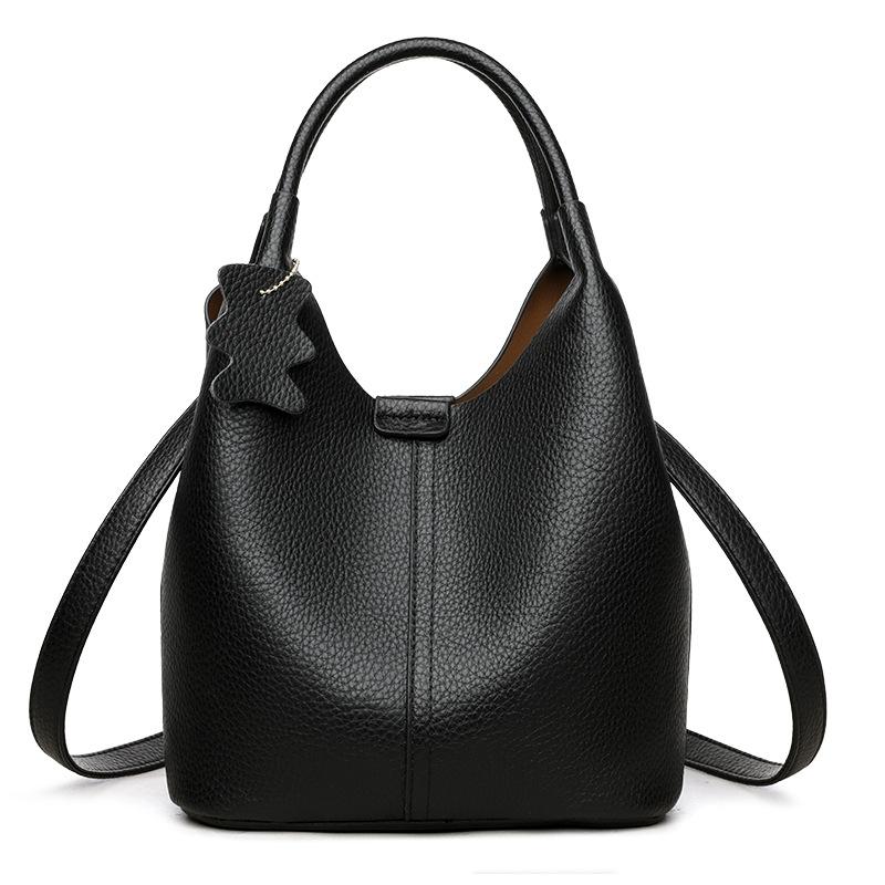 Women's Fashion Lychee Pattern Bucket Bag Soft Leather Foreign Air Straddle Bag