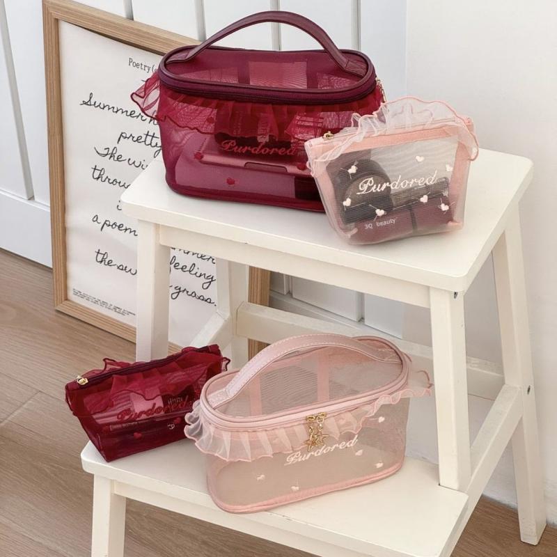 1Pc Purified Red Mesh Makeup Bag With Ruffle Detail Love Embroidery Cute Portable Cosmetic Organizer For Girls Toiletry Pouch
