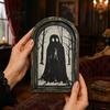 Solid Wood Picture Frame Halloween Vintage Arch Wooden Sign, Gothic Spooky Ghost Wall Hanging Decor Dark Academia with Bracket, Rustic Aesthetic Home