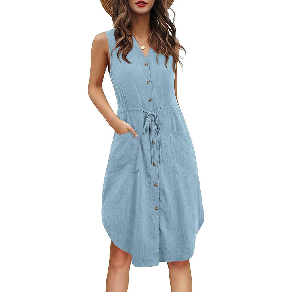 Women's Casual Shirt Dress Sleeveless Colid Long Tank Dressed Vest Dress
