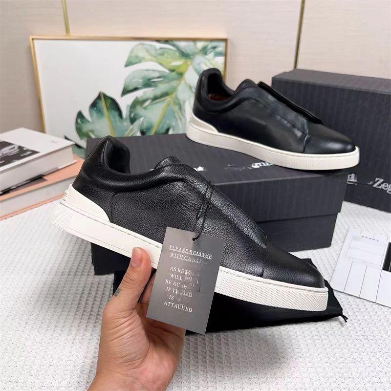Mens Genuine Leather Slip-On Casual Sneakers With Elastic Band Comfortable Breathable Low-Top Flat Shoes