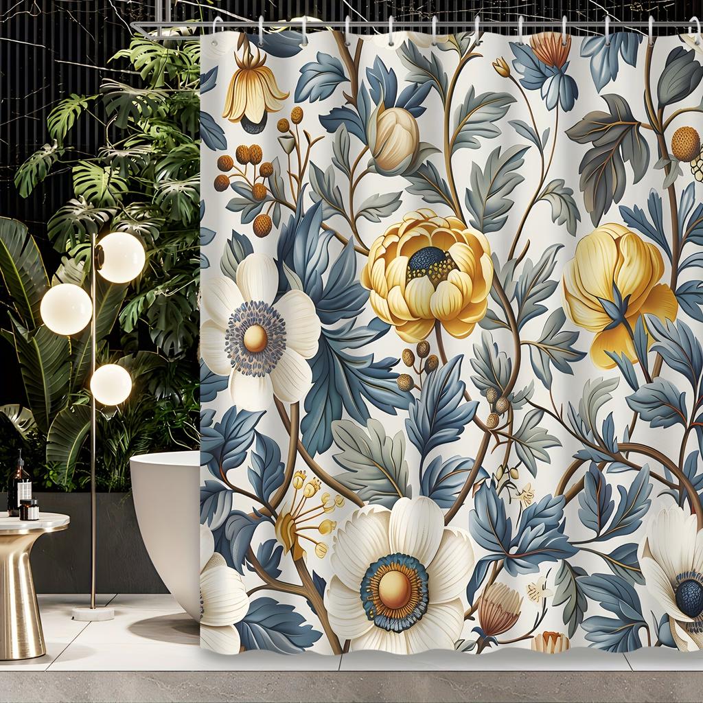 1pc Vintage Floral Leaf Modern Fashion Plant Shower Curtain, Decorative Printed Shower Curtain, Includes 12 Hooks, Bath
