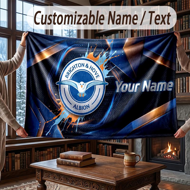 Custom Name Flannel Throw Blanket Brighton & Hove Albion Football Pattern Warm Home Decoration