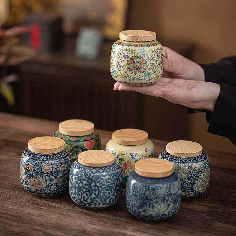 Creative Hand-painted Flower Ceramic Tea Jar with Bamboo Lid Sealed Storage Jar Portable Travel Tea Canister Home Decoration