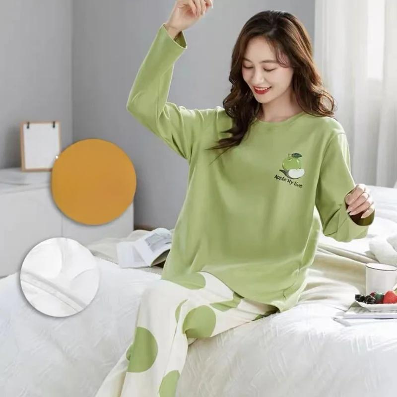 

2 шт./комплект женская пижама с корсетной подушкой большого размера домашняя одежда осень-зима длинные рукава длинные брюки одежда для девочек с мультяшным принтом XXL зелёный