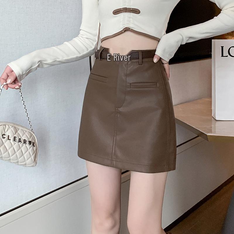 PU-Leder High-Waist A-Linien Midi-Rock für zierliche Frauen: Herbst-Hüftabdeckung, Schlankmachend, Sexy Bodycon-Stil