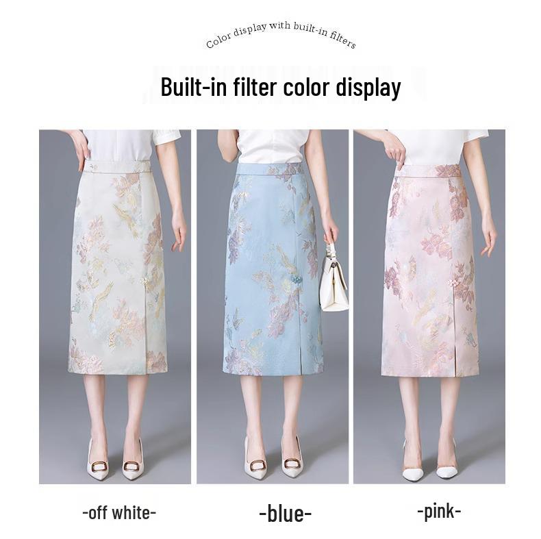 Spring 2025 Gold Silk Jacquard Midi Skirt: Chinese Style Bodycon for Women