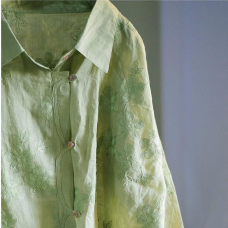 Johnature Women Vintage High Quality Shirts Tops Jacquard Green Turn-down Collar Long Sleeve Button Blouses
