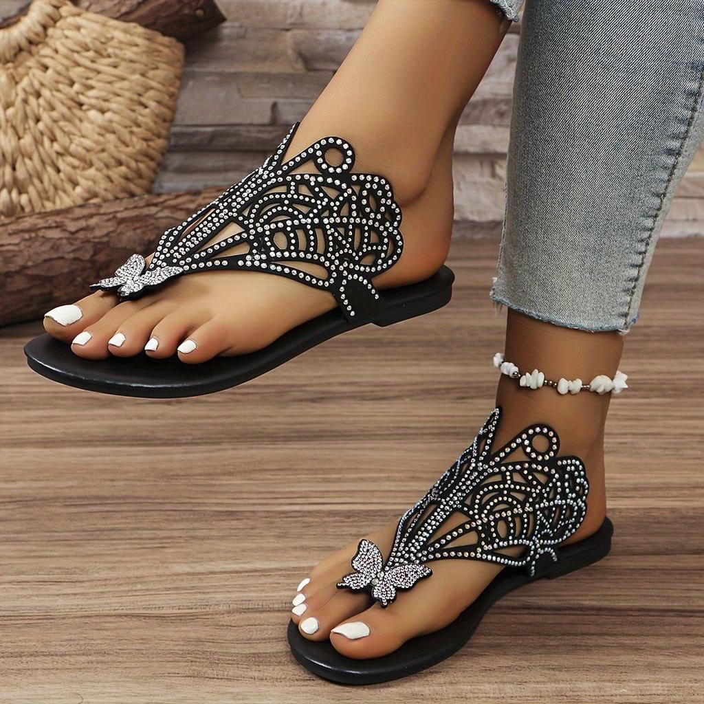 Women's Rhinestone & Butterfly Decor Slide Sandals Casual Clip Toe Flat Summer Shoes Lightweight Hollow Out Design Slide Sandals