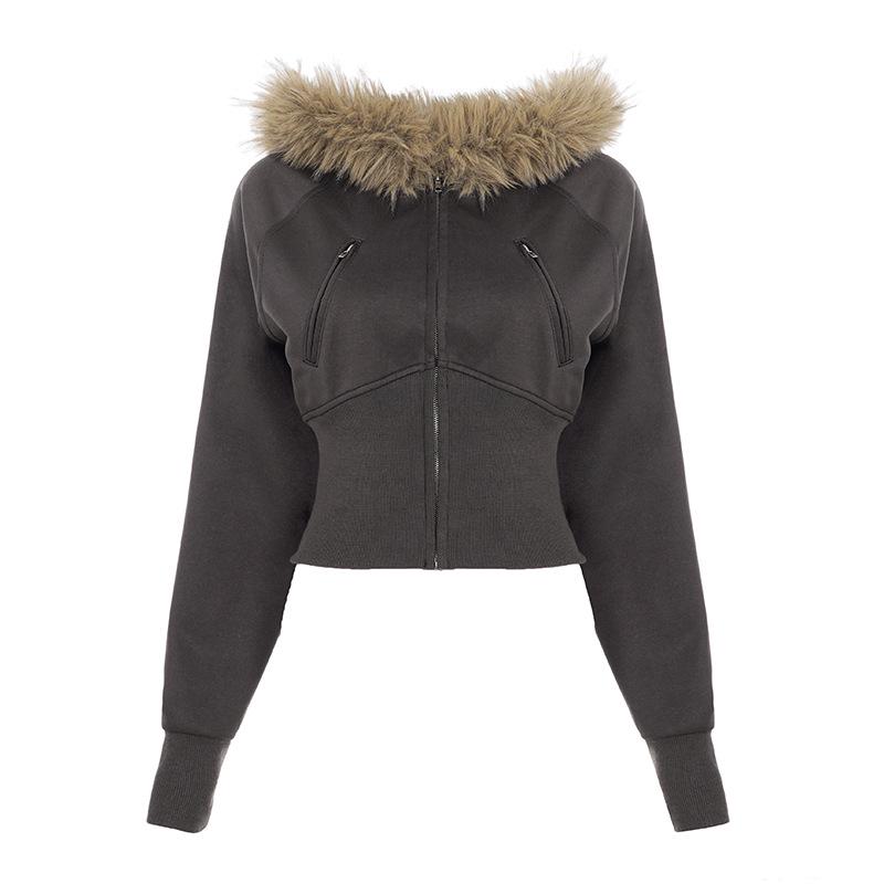 Retro American Street Style Slimming Hooded Zip-up Sweatshirt with Drawstring Waist